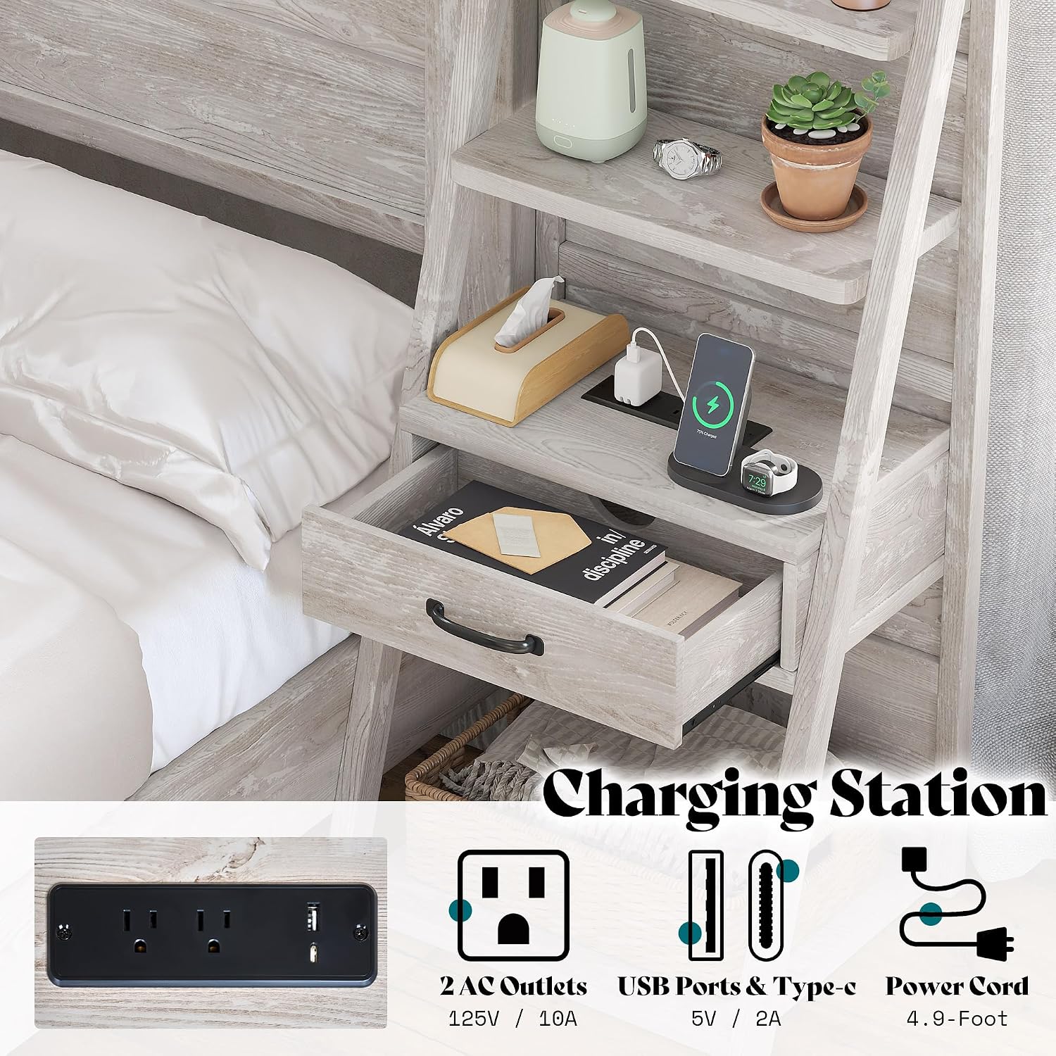 AMERLIFE Full Bed Frame with Wide Headboard and 4-Tier Bookshelves, Farmhouse Platform Bed with Charging Station & 2 Drawers, Noise-Free, No Box Spring Needed, Rustic White
