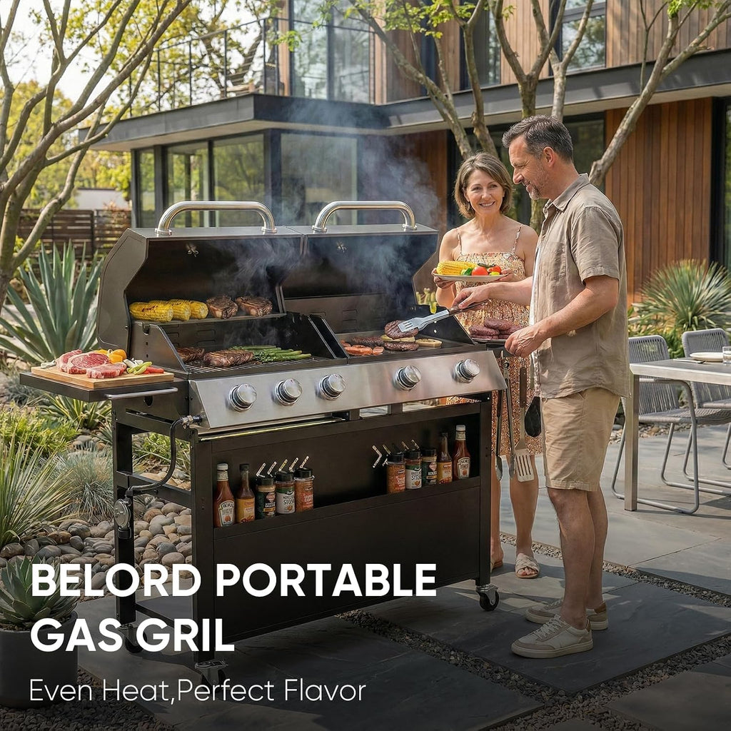 Belord 2-in-1 Grill Griddle Combo, 5 Burner Flat Top Griddle & Grill with 40000 BTU Output, Propane Gas Grill with Enameled Cast Iron Grate & Cast Iron Pan for Outdoor Kitchen, Backyard Barbecue