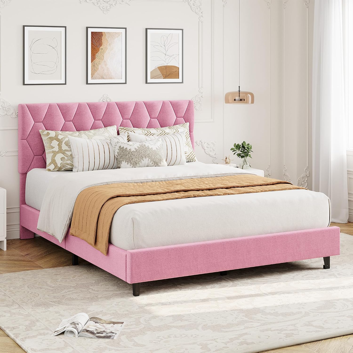 GarveeHome Pink Queen Bed Frame with Upholstered Headboard, Heavy-Duty Platform Bed Frame with Strong Wood Slats, No Box Spring Needed/Noise Free/Easy Assembly