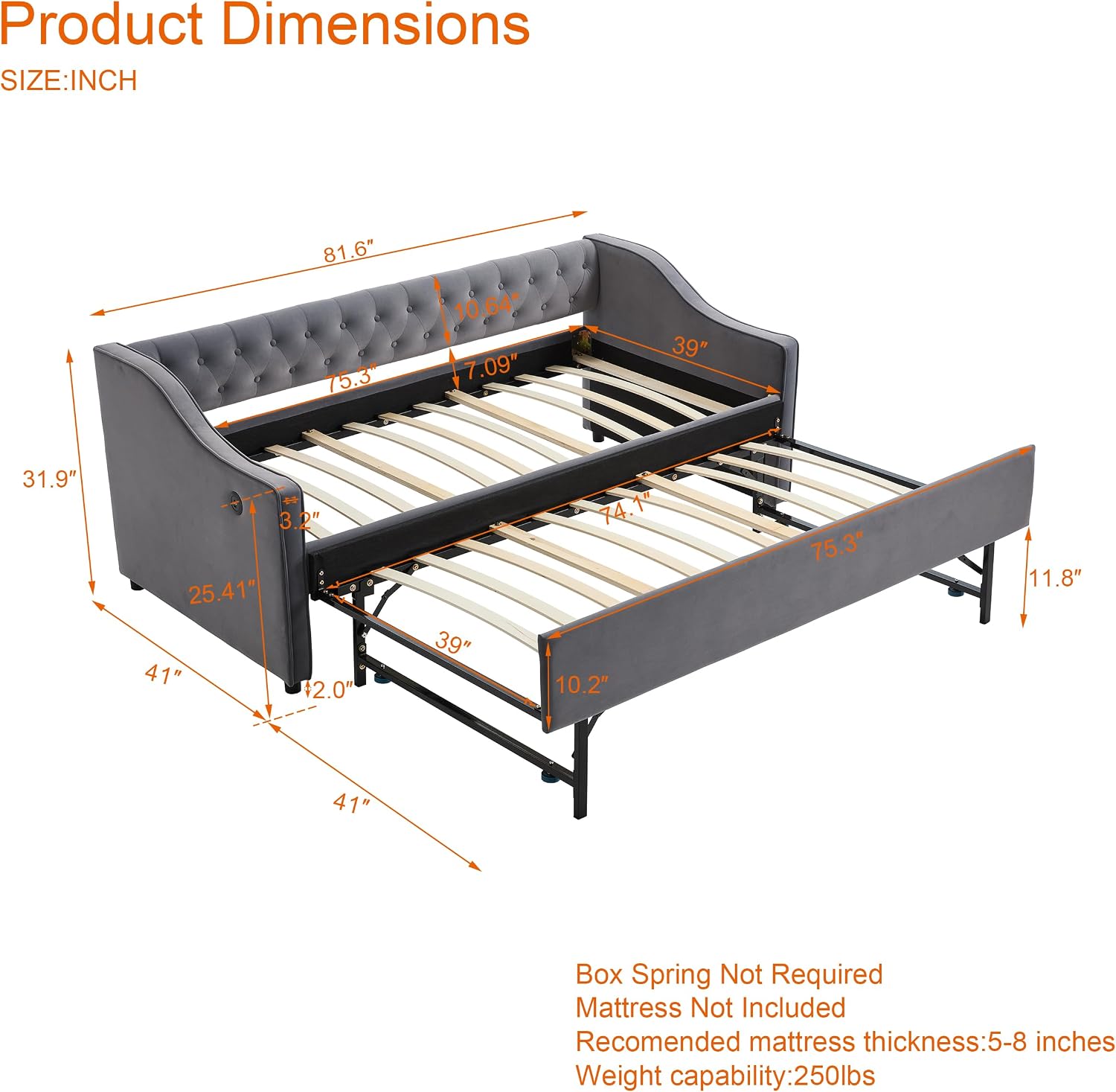 Twin to King Daybed with Trundle, USB Ports Soft Upholstered Daybed with Pop Up Trundle Bed Twin, Modern Extendable Day Bed Frame for Girls Bedroom Living Room Guest Room Small Places Dark Grey
