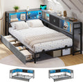 DICTAC Twin Corner Bed Frame with Bookcase Storage Headboard and 2 Drawers Twin Size Metal Platform Bed Frame with Led Lights and Charging Station,Twin Size Daybed for Kids and Teen,Oak Gray