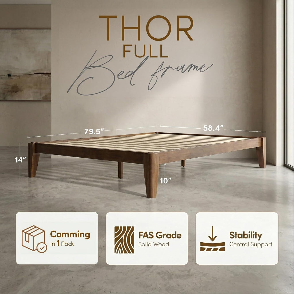 Thor Premium Solid Wood Bed Frame Full, Japanese Joinery Bed Frame with Wood Slat Support, Platform Bed, No Box Spring Needed, Easy Assembly, Minimalist & Modern Style (Walnut)