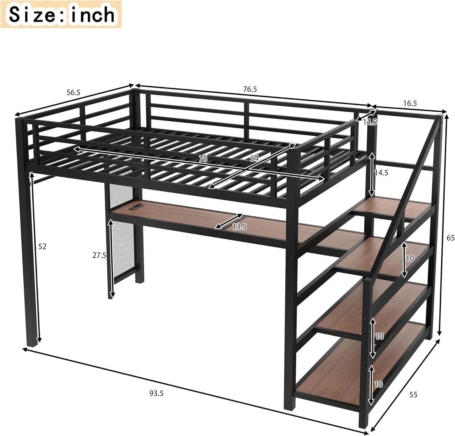 Bellemave Full Loft Bed with Desk & Storage Stairs, Metal Full Size Loft Bed Frame with Iron Nets, LED Lights & USB Ports, Heavy Duty Adult LoftBed for Bedroom, Noise-Free, Black