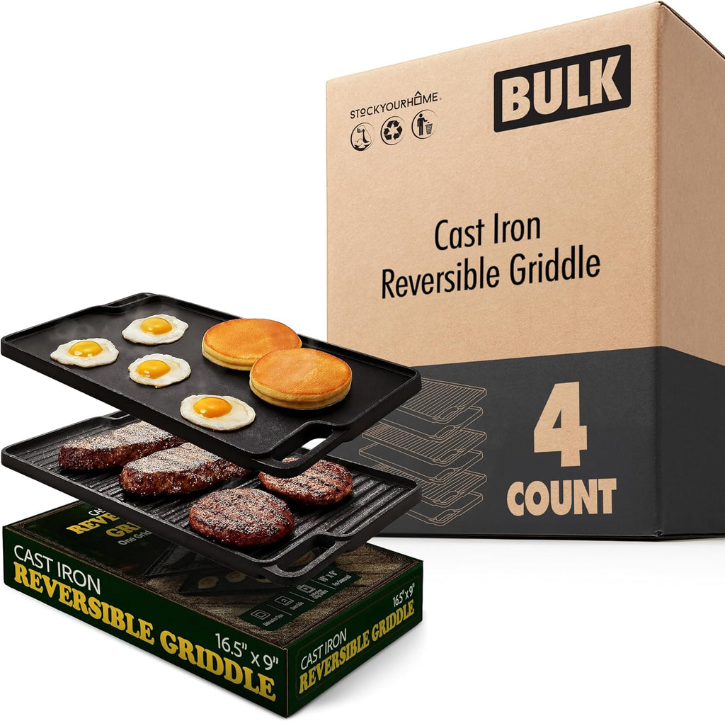 Cast Iron Griddle and Grill Reversible Combo Set with Protective Mitts, Grill Press and Scraper, Preseasoned Stovetop and Camping Griddle Pan (4 Pack)