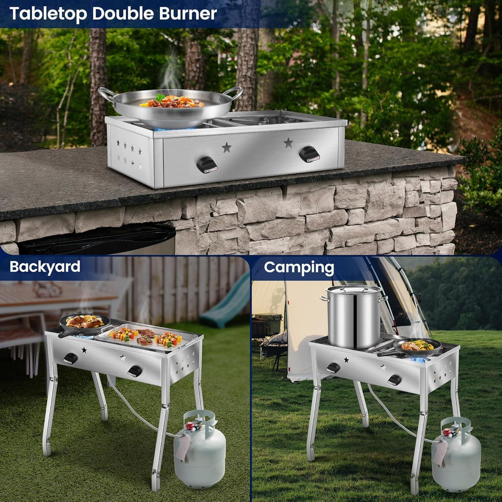 ARC 150,000 BTU Double Burner Stove With 23' Discada Comal Set | Outdoor Camping Cookware for Tacos, Tortillas | Stainless Steel Griddle & Propane Stove Combo
