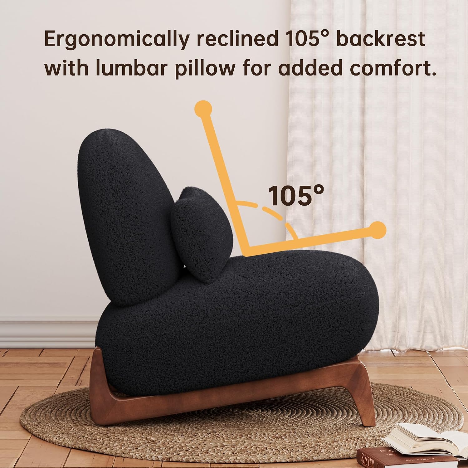 Morden Fort Sherpa Boucle Chair Single, Tilted Modern Wood Chair with Thick Cushion Comfortable Lumbar Pillow Armless Reading Accent Chair Compatible with Sofa Set Couch for Living Room, Black