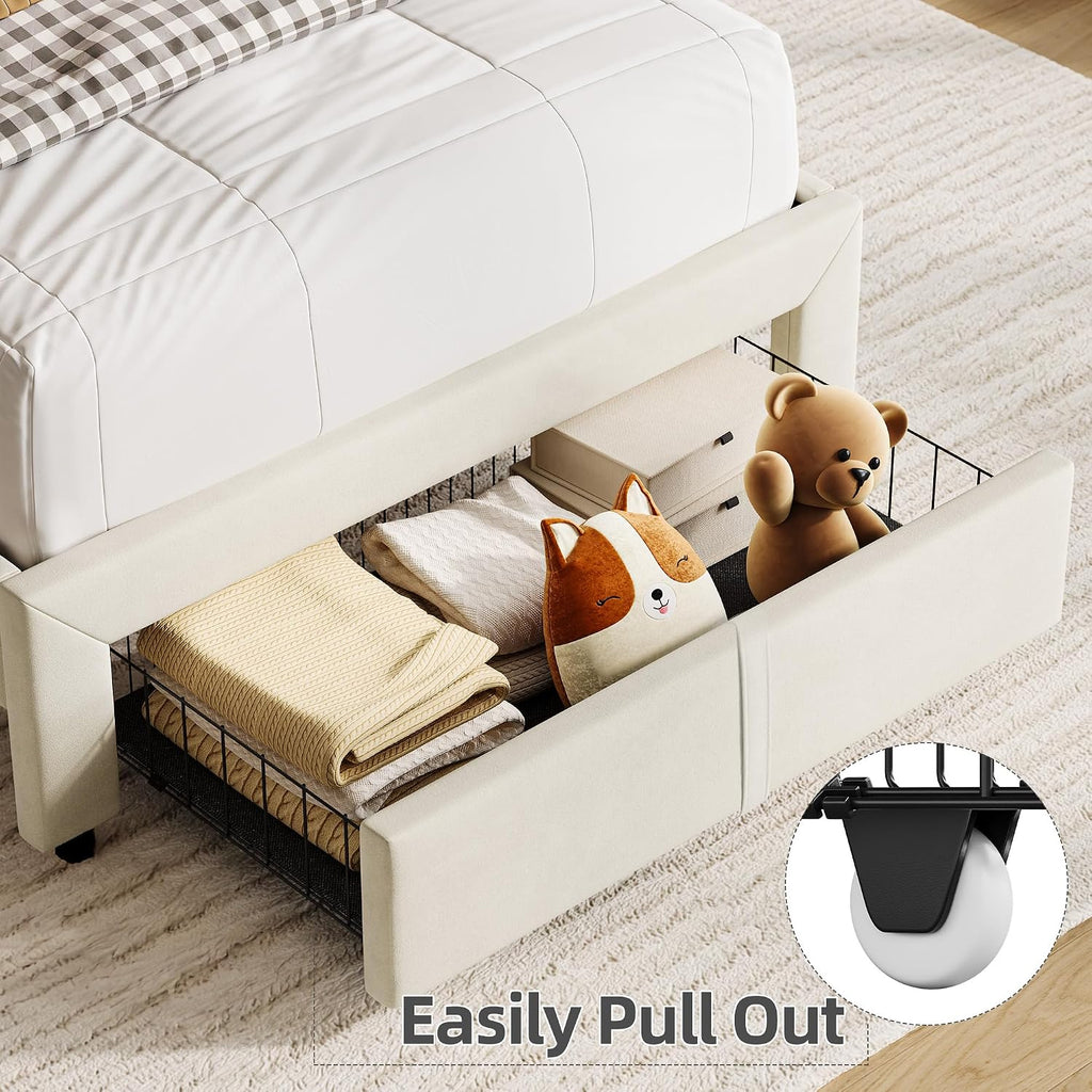GarveeHome Twin Bed Frame with Drawer, Velvet Upholstered Platform Bed Frame with Storage Headboard, No Box Spring Needed, Easy Assembly, Noise-Free, Beige