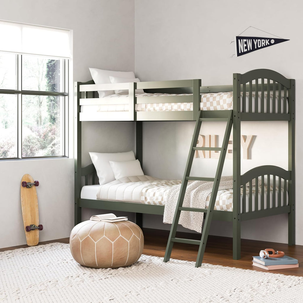 Storkcraft Long Horn Twin-Over-Twin Bunk Bed (Olive) - GREENGUARD Gold Certified, Converts to Two Twin Beds, Wood Bunk Bed for Kids Bedroom