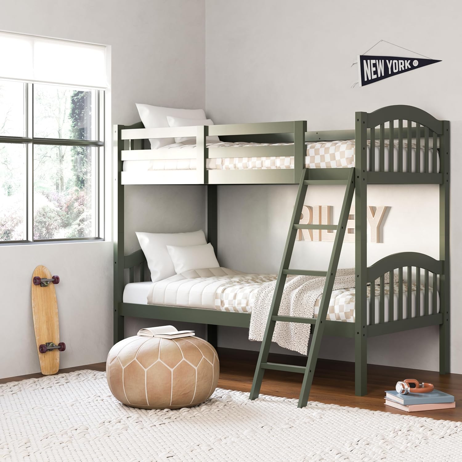 Storkcraft Long Horn Twin-Over-Twin Bunk Bed (Olive) - GREENGUARD Gold Certified, Converts to Two Twin Beds, Wood Bunk Bed for Kids Bedroom