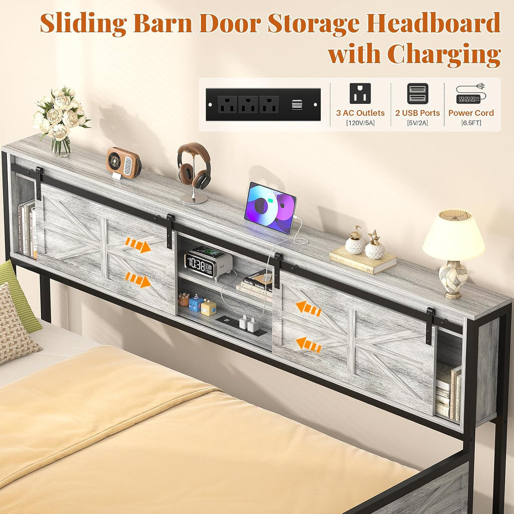 Homieasy Farmhouse Twin Daybed with Pop-Up Trundle, Metal Trundle Bed Frame with Bookcase Headboard, Charging Station & Barn Door Storage for Bedroom & Guest Room, Light Oak