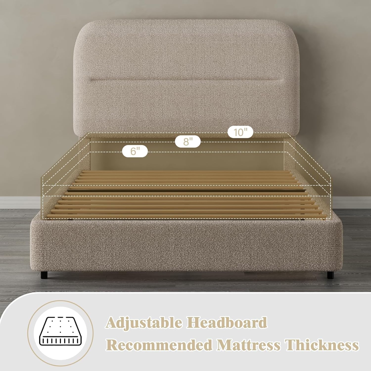 HOMBCK Twin Size Boucle Bed Frame, Upholstered Bed Frame with Headboard, Twin Bed Frames for Kids, Thickened Footboard/Rounded Corners/Adjustable Headboard/No Box Spring Needed/Easy Assembly, Beige