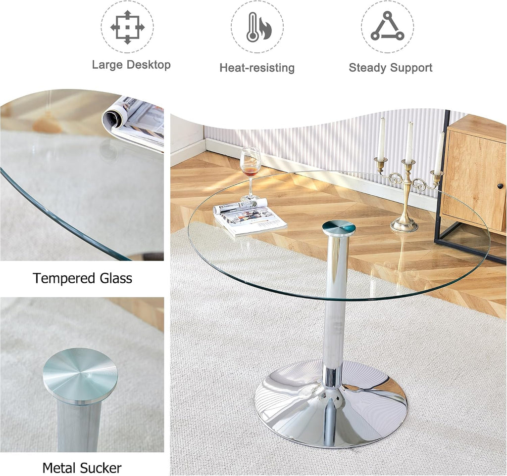 Round Glass Dining Set for 2, 3 Pieces Modern Luxury Circle Dinner Room Set, 35'' Small Minimalist Tulip Circular Kitchen Table Set, Beige Barrel Dining Chair, for Bedroom Apartment (Silver)