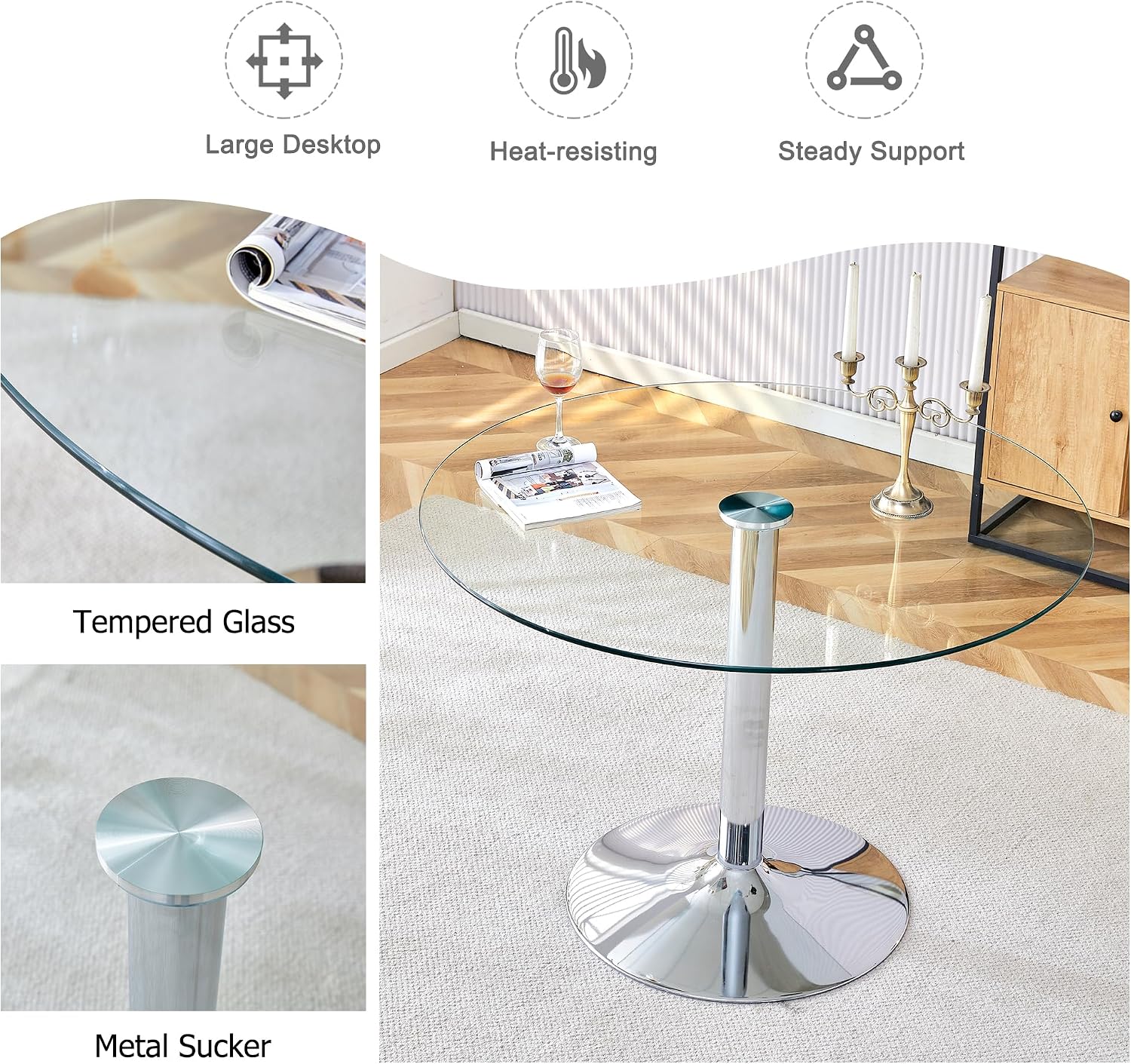 Round Glass Dining Set for 2, 3 Pieces Modern Luxury Circle Dinner Room Set, 35'' Small Minimalist Tulip Circular Kitchen Table Set, Beige Barrel Dining Chair, for Bedroom Apartment (Silver)