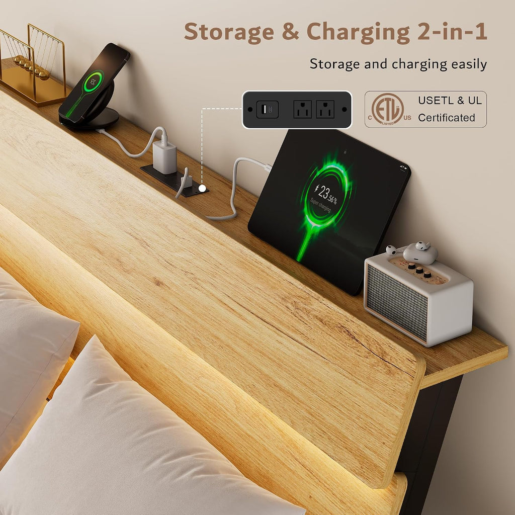 iPormis Floating Queen Metal Bed Frame with LED Lights & Charging Station, Platform Bed with Wooden Storage Headboard, Sturdy Steel Slats, No Box Spring Needed, Easy Assembly, Noise-Free, Oak