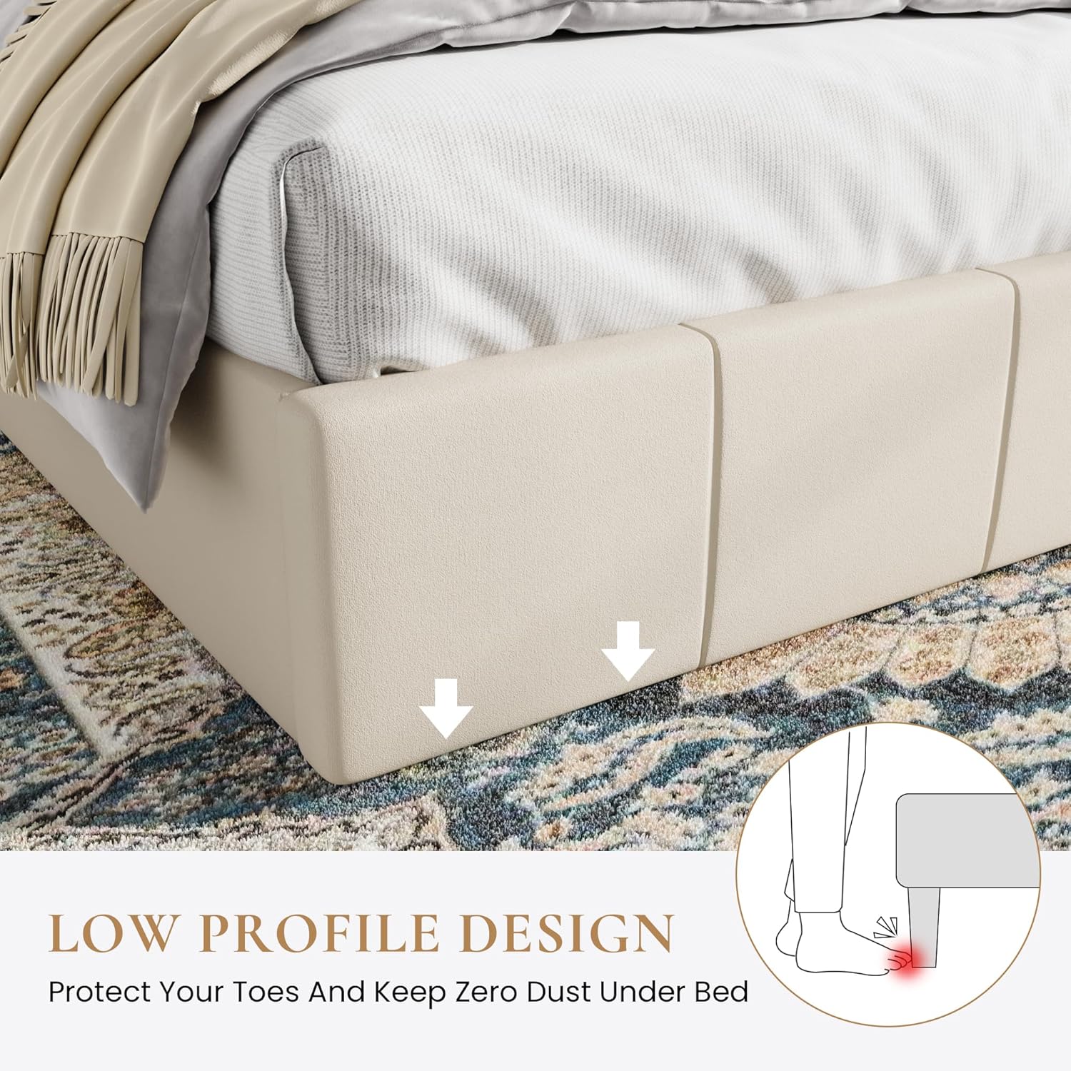 SHA CERLIN Full Size Bed Frame, Dutch Velvet Upholstered Platform Bed, Vertical Channel Tufted Adjustable Headboard, Low Profile Bed Frame, No Box Spring Needed, Easy Assembly, Cream