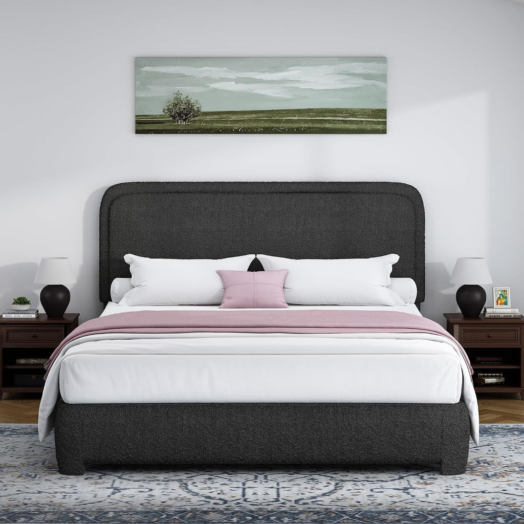BarnFurin Full Size Bed Frame with Headboard, Boucle Upholstered Platform Bed Frame, Soft Rounded Corners, No Box Spring Required, Easy Assembly, Black