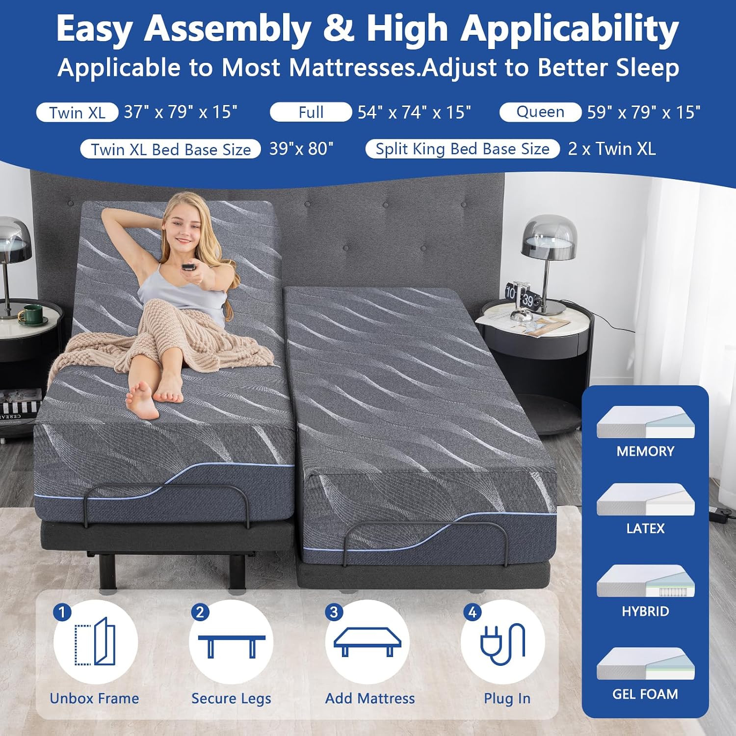 Full Size Adjustable Bed Frame with Massage,14 Inch Grey Gel Memory Foam Mattress, Bed Base with Adjustable legs,Separate Head/Foot Lift,Voice control,Anti-Snore/Zero Gravity,Thickened Foam Frame