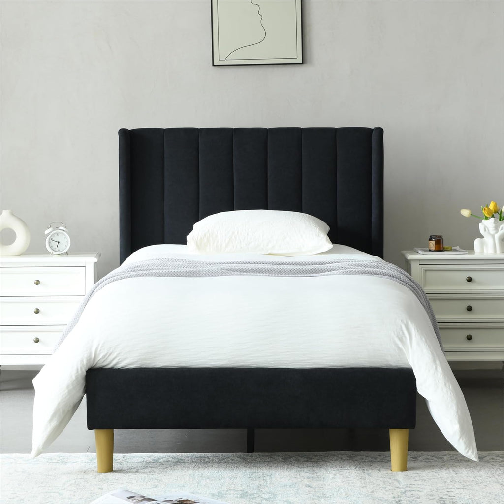 YUHUASHI upholstered Platform Bed Frame/Twin Bed Frame/Modern Geometric Double-Wing Design headboard/Linen Fabric/Easy to Assemble no Noise (Black, Twin)