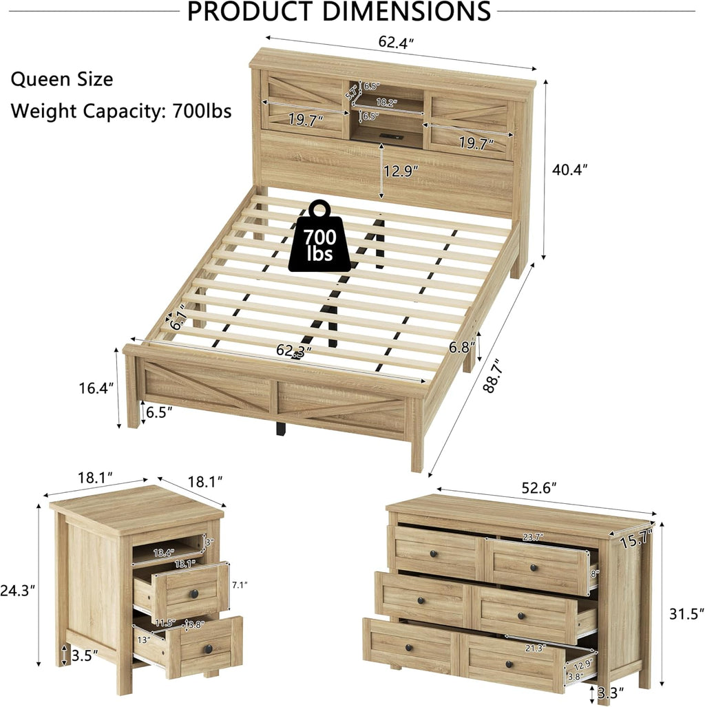 3-Pieces Queen Size Bedroom Sets, Farmhouse Platform Bed with Double Sliding Door USB Storage Headboard, 3PCS Bedroom Sets with Cabinet and Nightstands, Kids Adults, Natural