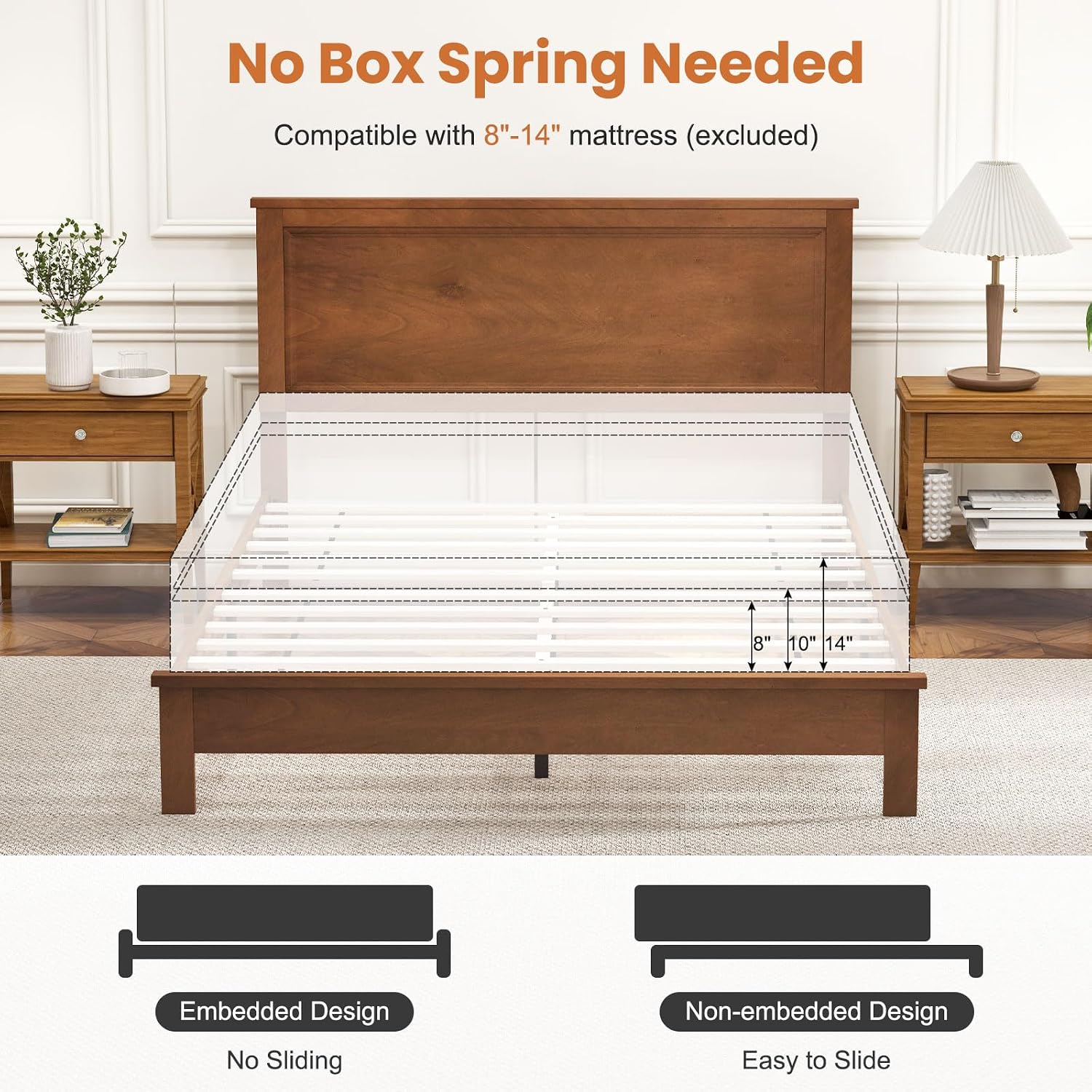 KOMFOTT Queen Size Wood Platform Bed Frame with Headboard, Wooden Mid Century Platform Bed with Slat Support & Under Bed Storage, Mattress Foundation Bed Base, No Box Spring Needed, Walnut