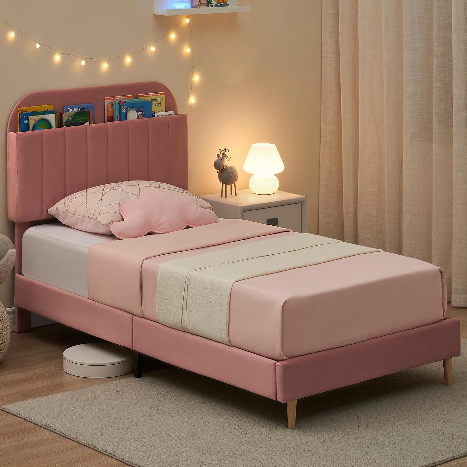 IDEALHOUSE 2PCS Twin Bed Frames, Upholstered Platform Bed Frame with Bookcase Headboard, Velvet Platform Bed Mattress Foundation, Heavy Duty Steel Support Legs, Easy Assembly, Noise Free, Light Pink