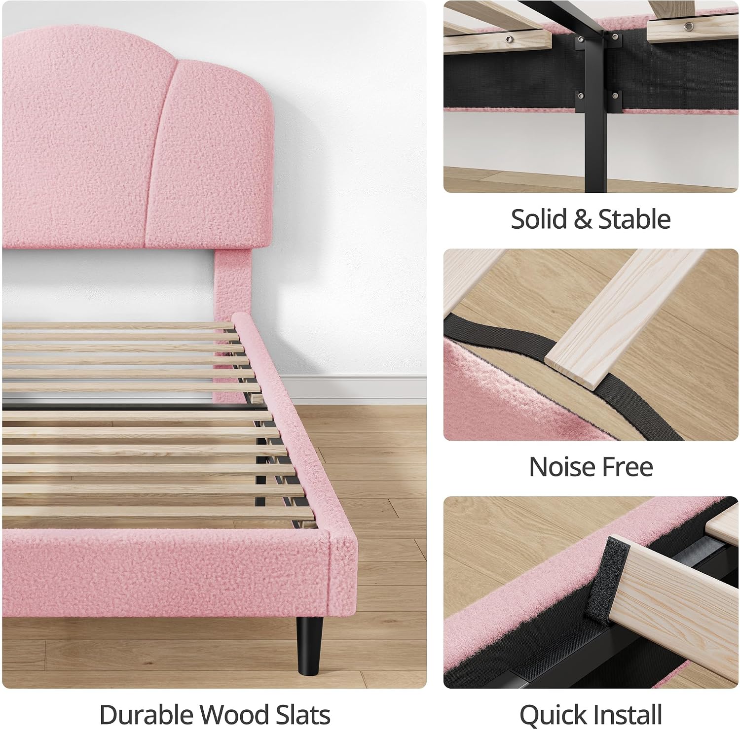 LIKIMIO Twin Size Bed Frame, Upholstered Twin Platform Bed with Headboard Lamb Velvet Twin Beds, No Box Spring Needed with 800LBS Sturdy Wooden Slats Support, Noise Free, Easy Assembly, Pink