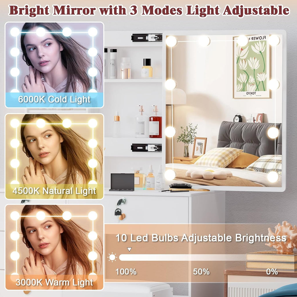 Makeup Vanity Desk with Mirror and Lights, Makeup Vanity Table and Chair Set, Makeup Desk with 6 Drawers & Storage Shelves, 3 Color Modes Adjustable, Vanity Set with Mirror, Dressing Table for Bedroom