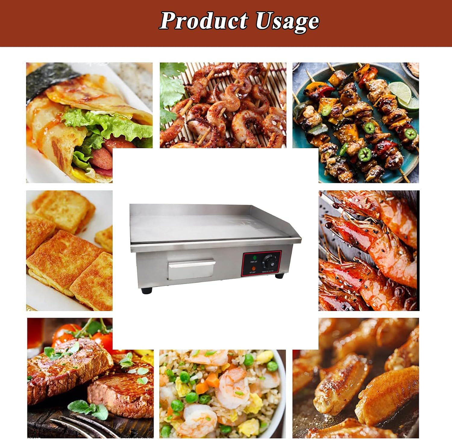 TECHTONGDA Commercial Electric Griddle Countertop Flat Top Griddle Stainless Steel Hot Plate BBQ Teppanyaki Grill Adjustable Temperature Griddle Grill for Home or Restaurant Use