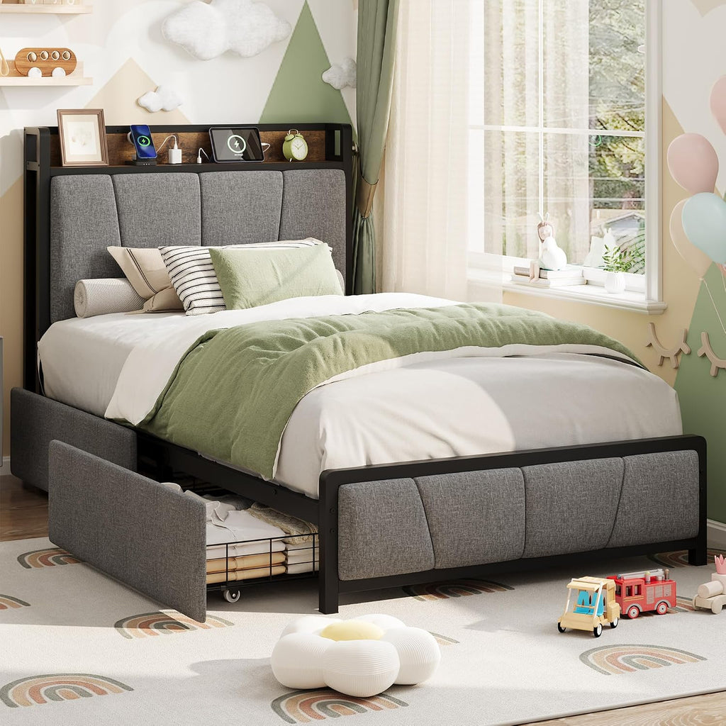 Twin-XL Size Bed Frame with 2 Storage Drawers and Charging Station, Rustic Linen Upholstered Platform Bedframe with Storage Headboard, Heavy Duty, No Box Spring Needed, Easy Assembly, Noise Free
