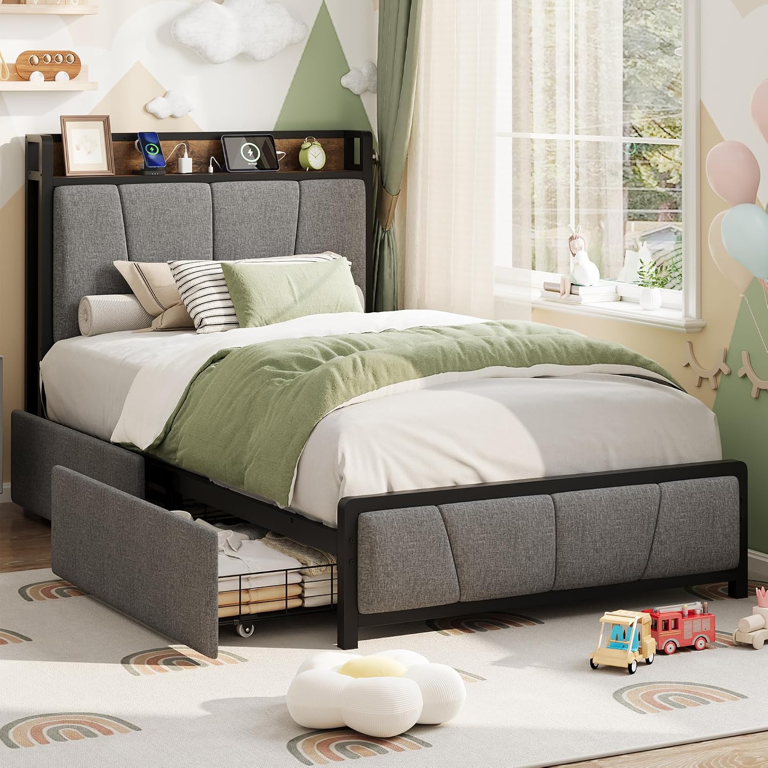 Twin-XL Size Bed Frame with 2 Storage Drawers and Charging Station, Rustic Linen Upholstered Platform Bedframe with Storage Headboard, Heavy Duty, No Box Spring Needed, Easy Assembly, Noise Free