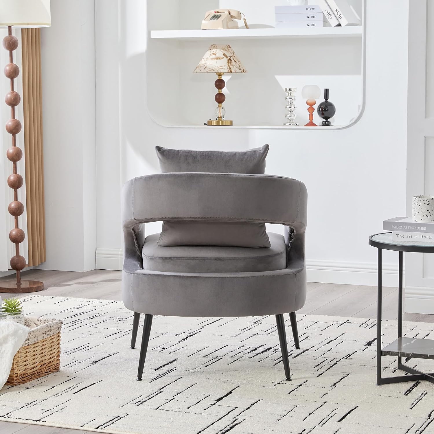 Modern Minimalist Style Open Back Accent Chair,Velvet Barrel Dining Chair with Metal Legs,Comfortable Upholstered Single Sofa for Living Room,Bedroom,Reception,Dining Room,Charcoal
