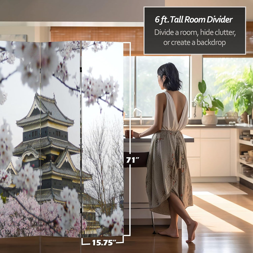 Red Lantern 6 ft. Tall Double Sided Cherry Blossoms Room Divider 4 Panel Freestanding Folding Privacy Screen, Partition, and Separator for Modern and Contemporary Bedroom, Home Office, Studio, Dorm