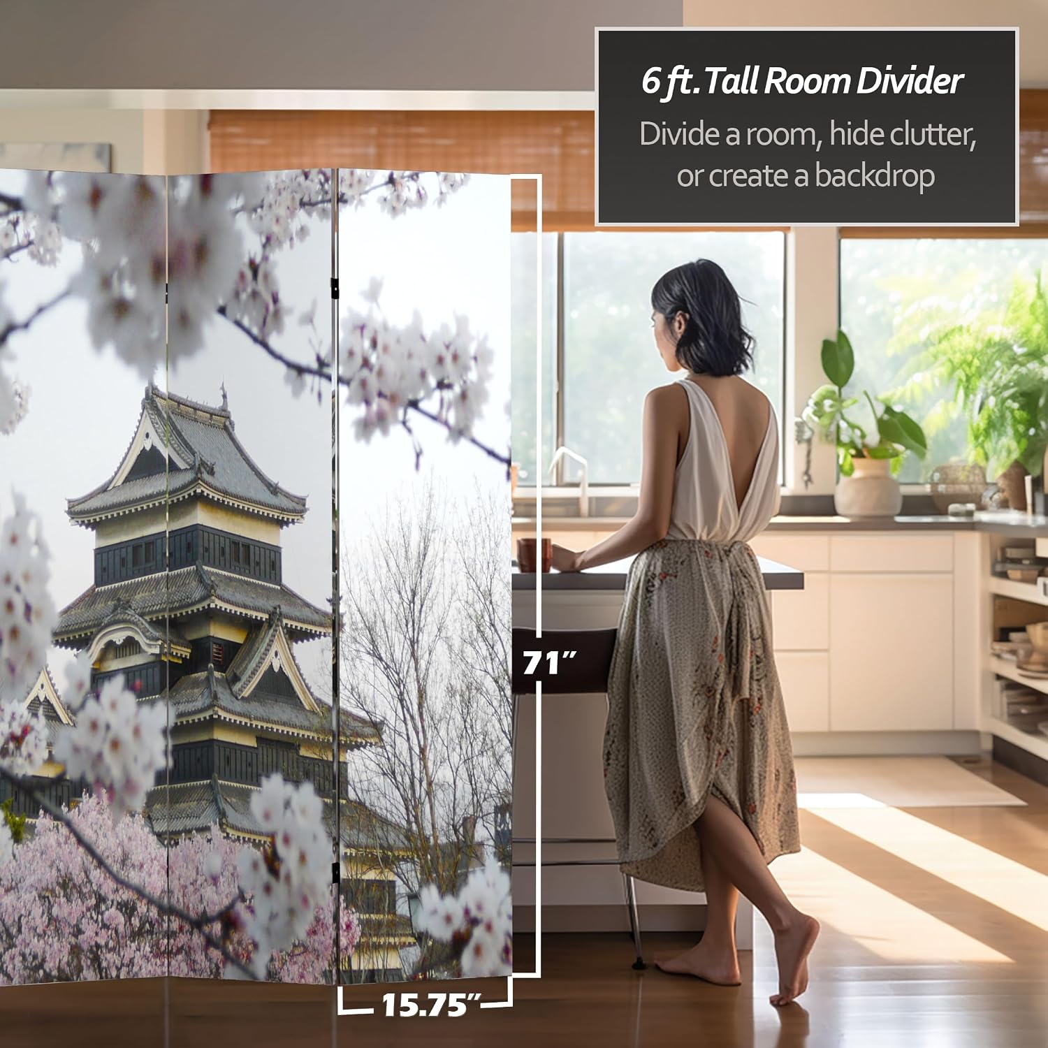 Red Lantern 6 ft. Tall Double Sided Cherry Blossoms Room Divider 4 Panel Freestanding Folding Privacy Screen, Partition, and Separator for Modern and Contemporary Bedroom, Home Office, Studio, Dorm