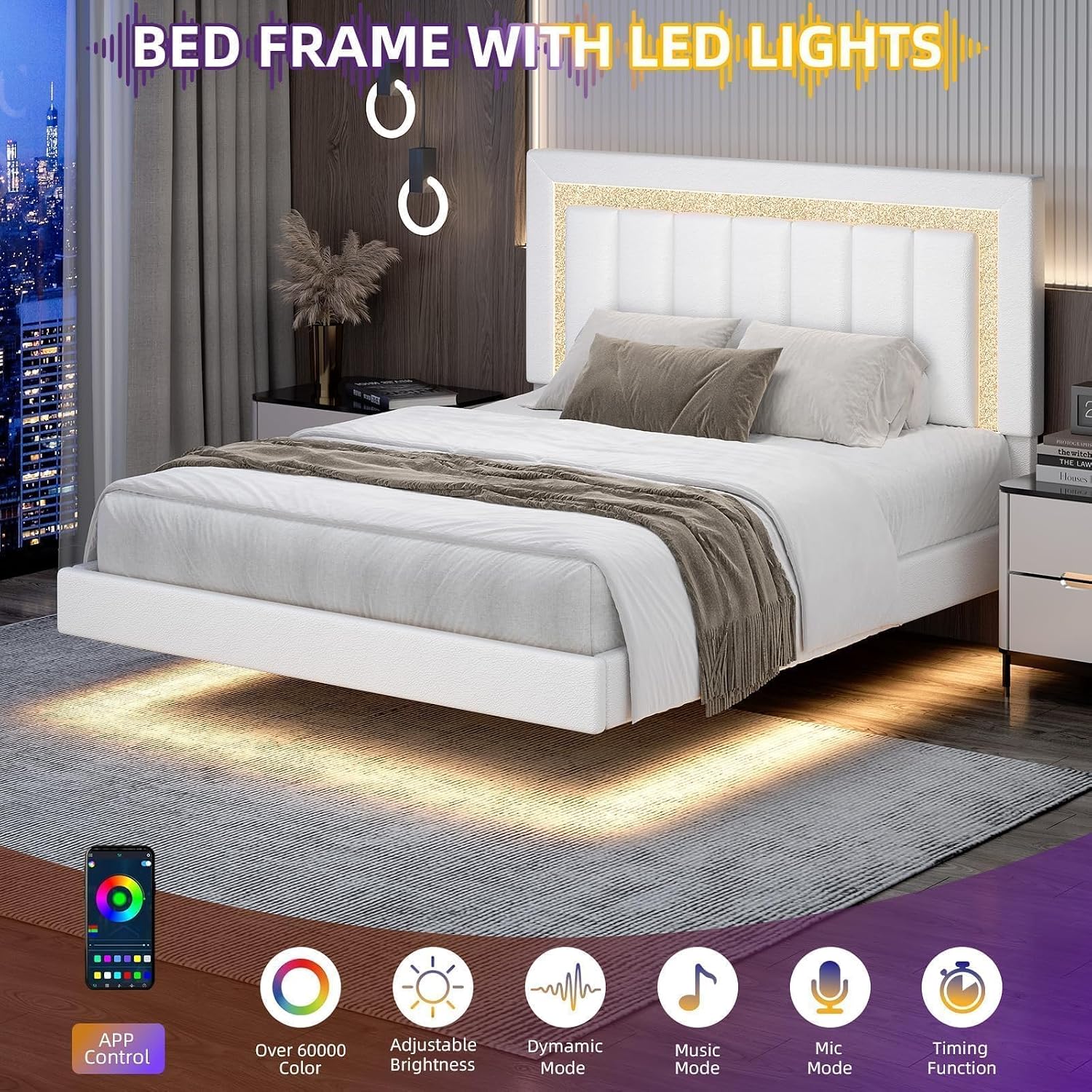 HOMBCK Floating Bed Frame Full with Smart LED Lights, Faux Leather Upholstered Platform Bed with Diamond PU Headboard, No Box Spring Needed, Noise-Free, Easy Assembly, White