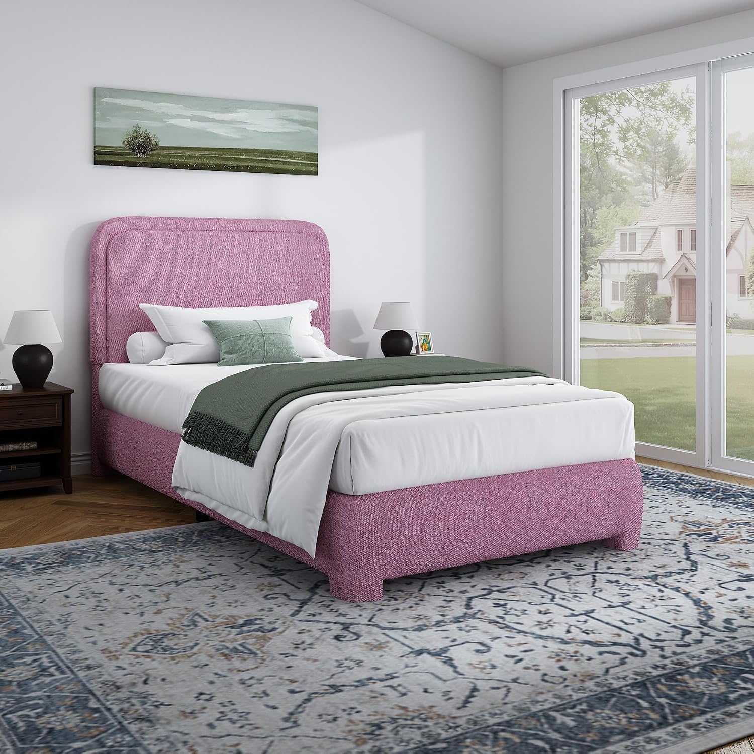 BarnFurin Twin Bed Frame with Headboard, Boucle Upholstered Platform Bed Frame, Soft Rounded Corners, No Box Spring Required, Easy Assembly, Rose Pink