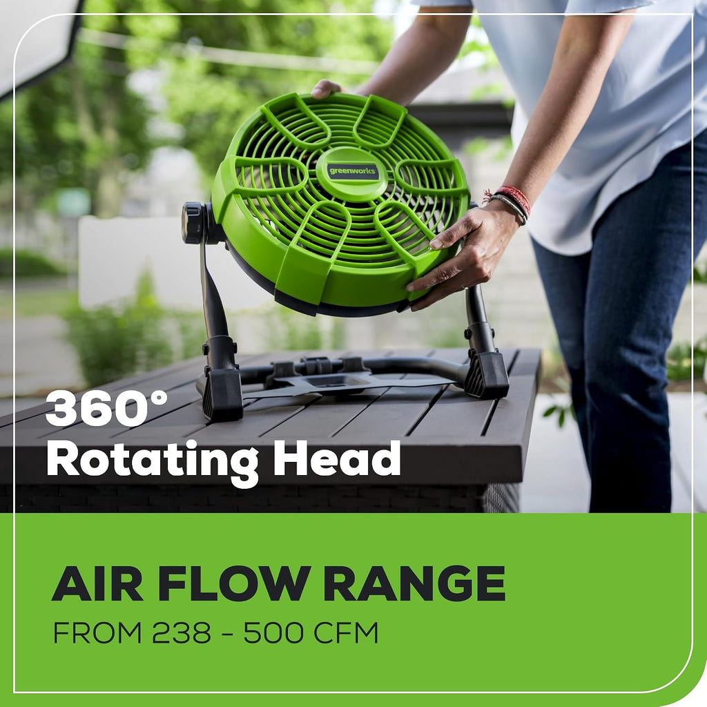 Greenworks 24V 10' (5-Speed) Fan (500 CFM), Hybrid (AC / DC), 2.0 Ah USB (Power Bank) Battery and Charger Included