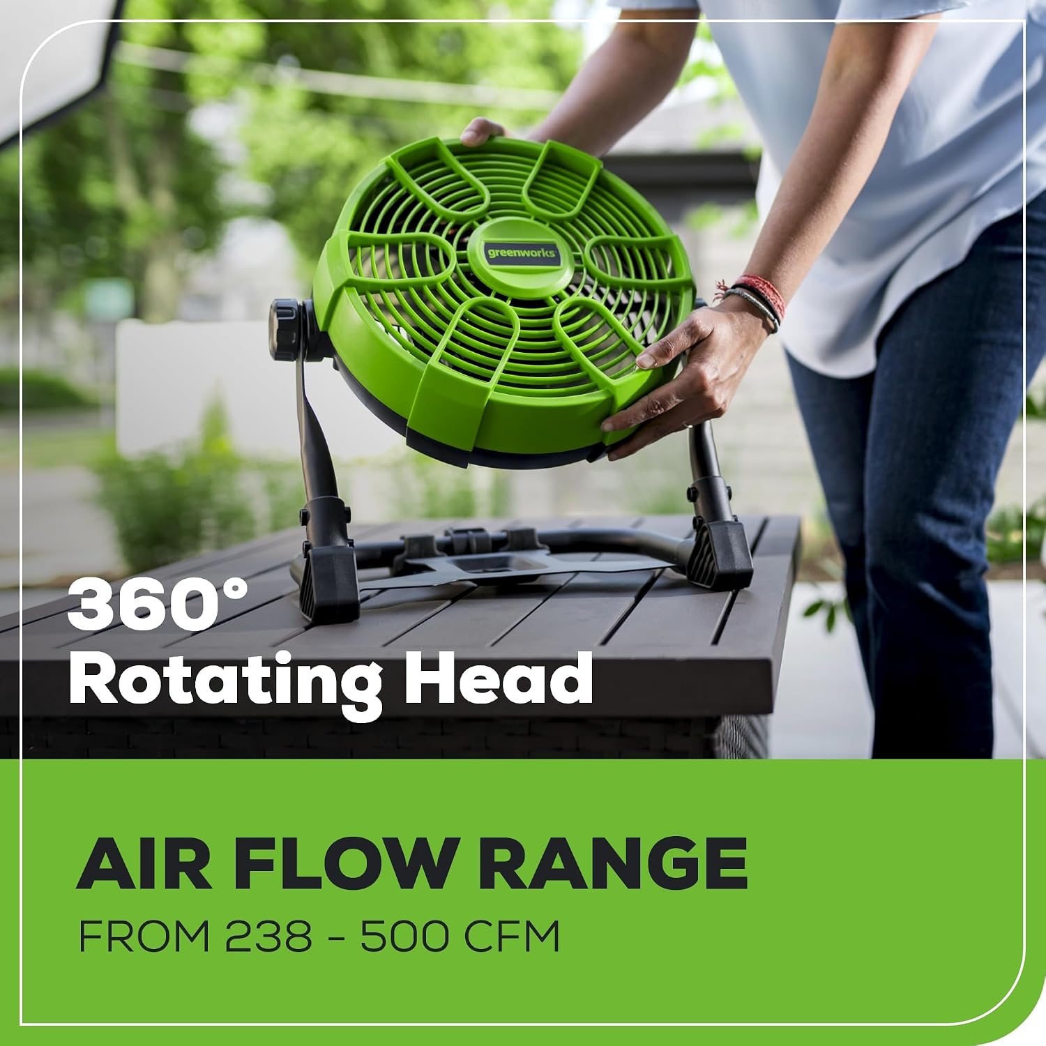 Greenworks 24V 10' Cordless Fan, Hybrid (AC/DC) Air Cannon Fan, 5-Speed, 500 CFM, with 2.0Ah Battery, Charger and AC Adapter