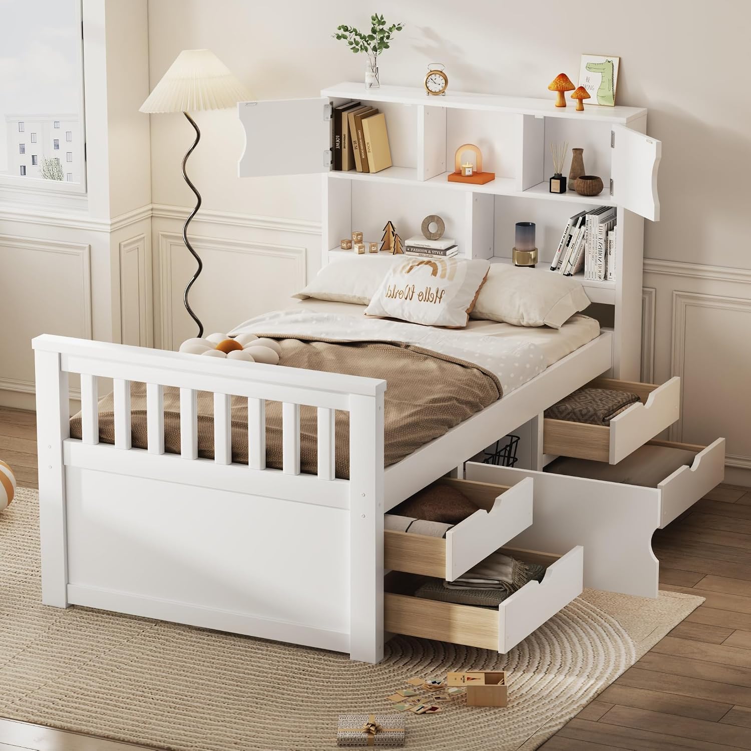 SOFTSEA Twin Size Captains Bed Frame with Storage Drawers, Wood Platform Bed with Bookcase Headboard, Storage Shelves and Doors for Kids Teens, No Box Spring Needed, White