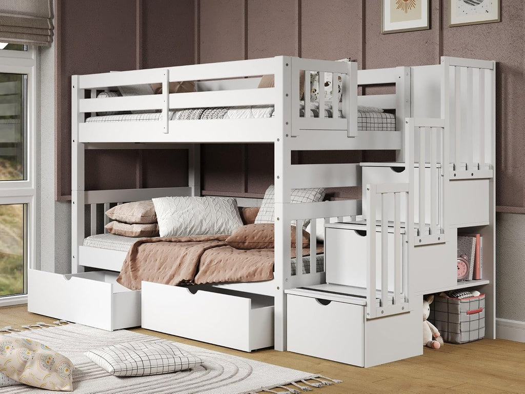 Bedz King Stairway Bunk Beds Twin Over Twin, 3 Step Drawers, 2 Storage Drawers, White