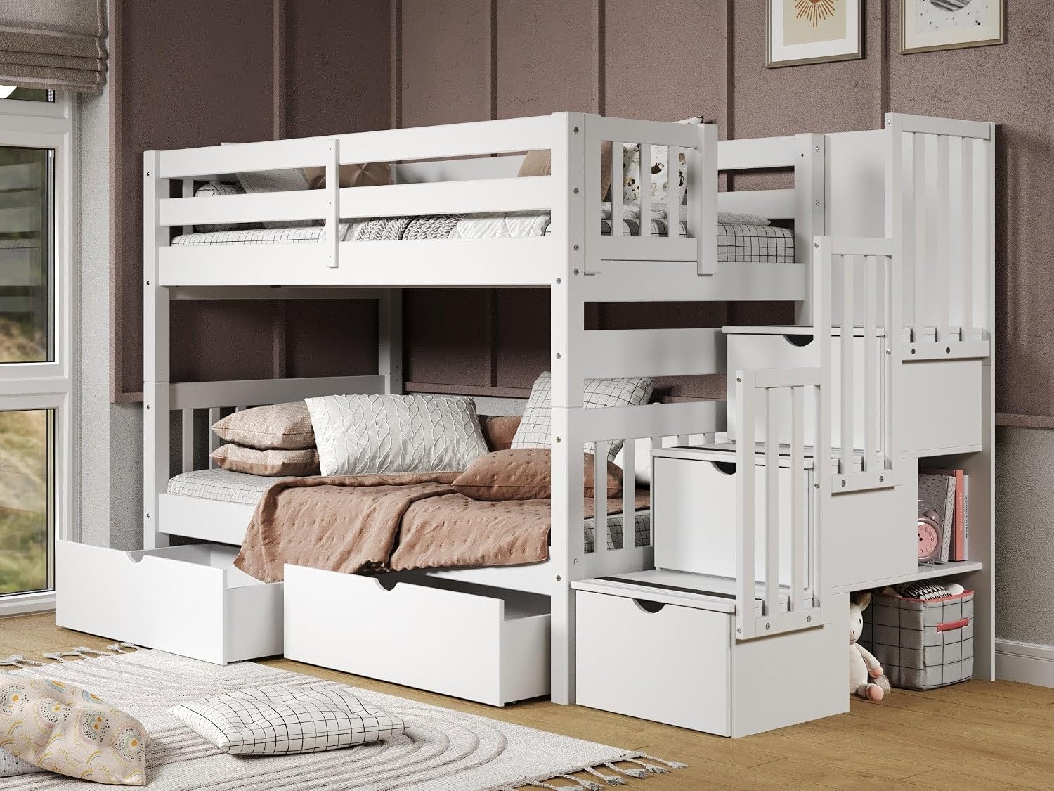 Bedz King Stairway Bunk Beds Twin Over Twin, 3 Step Drawers, 2 Storage Drawers, White