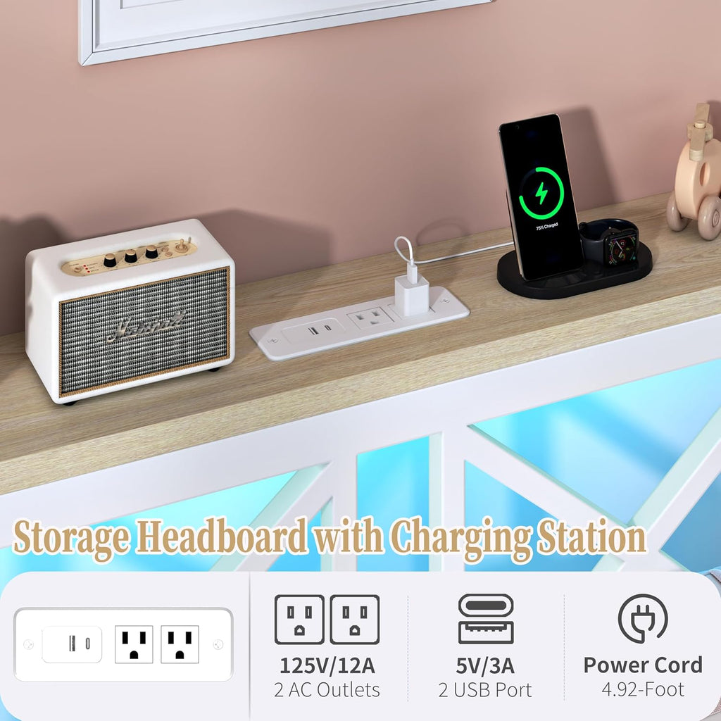 ChicZhiNest Full Size Bed Frame with Charging Station and LED Lights, Metal Platform Bed with Wood Headboard and Storage Shelf, Underbed Storage, No Box Spring Needed, White