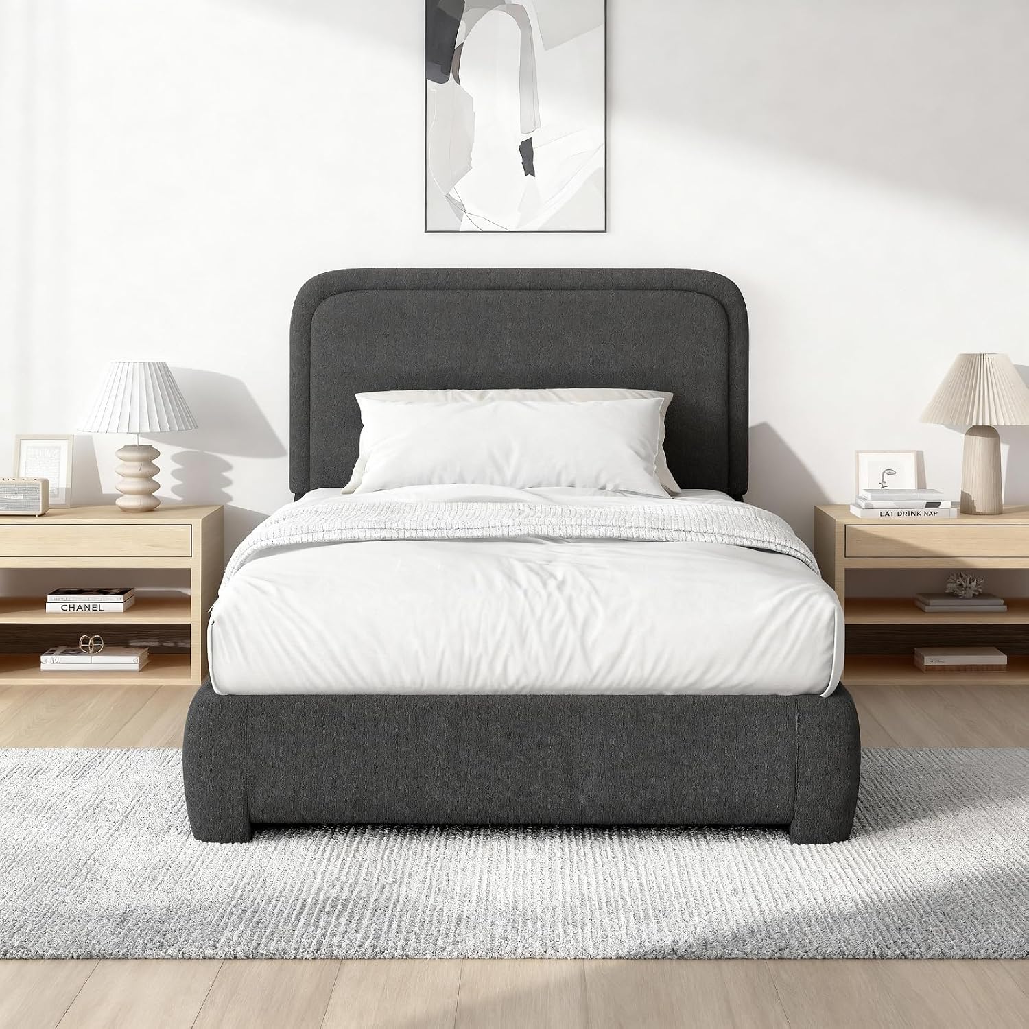 BarnFurin Twin Size Bed Frame, Boucle Upholstered Platform Bed Frame, Soft Rounded Corners, No Box Spring Required, Easy Assembly, Grey