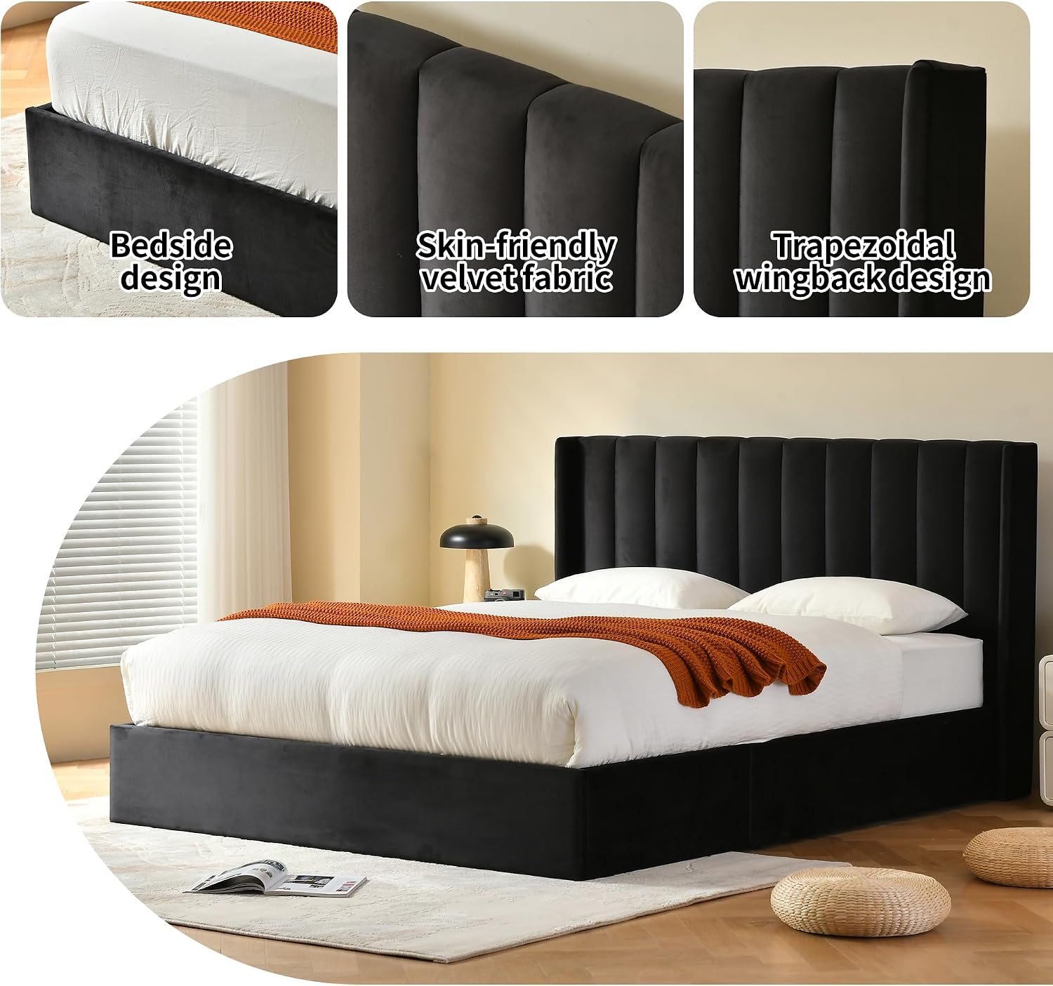 YUHUASHI Queen Size Hydraulic Storage Bed, Upholstered Platform Bed Frame, Modern Wingback Design Headboard, Velvet Fabric with Hydraulic Support Bars, No Box Spring Required (Black, Queen)