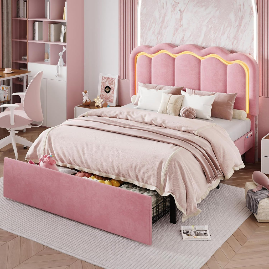 SHA CERLIN Upholstered Queen Size Bed Frame with LED Lights and Large Storage Drawer, Velvet Platform Bed with Adjustable Wavy Headboard, Noise Free, Easy Assembly, No Box Spring Needed, Soft Pink