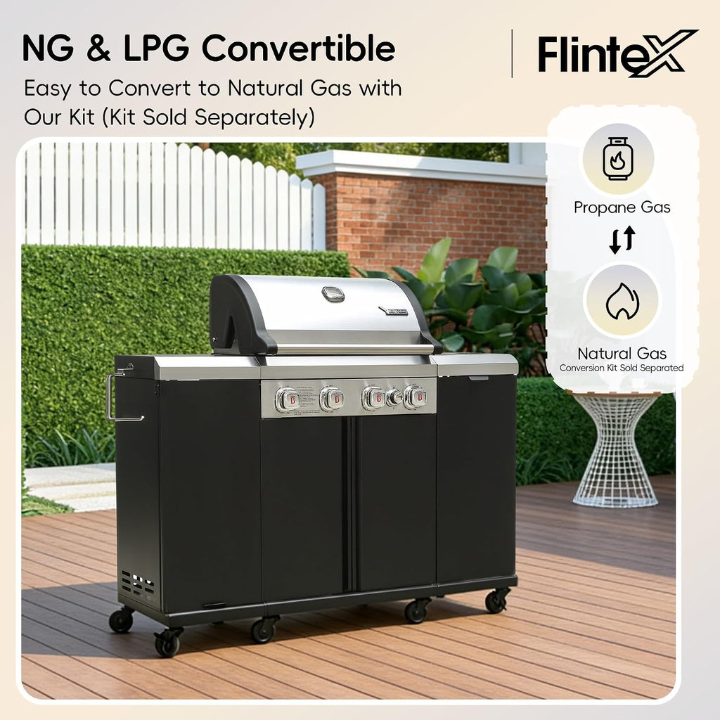 Flintex 4-Burner Propane Gas Kitchen Grill Island with Side Burner,44,000 BTU Stainless Steel BBQ Outdoor Griddle Grill Combo with LPG/NG Convertible and Storage Cabinets & Fold-out Table, Black