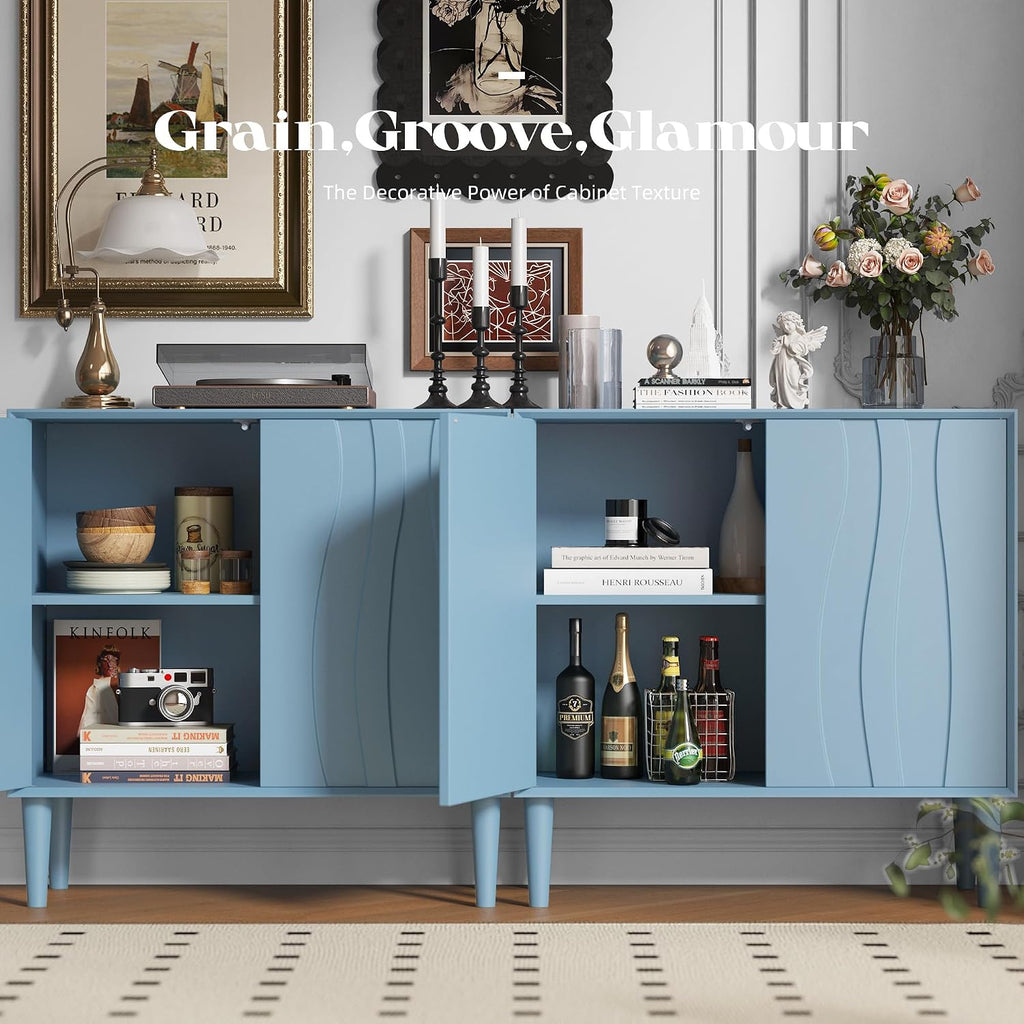 Easyego 31.5″ Mid Century Modern Sideboard Buffet Cabinet, Blue Wood Accent Storage with 2 Doors & Adjustable Shelves for Living Room, Entryway, Dining Room