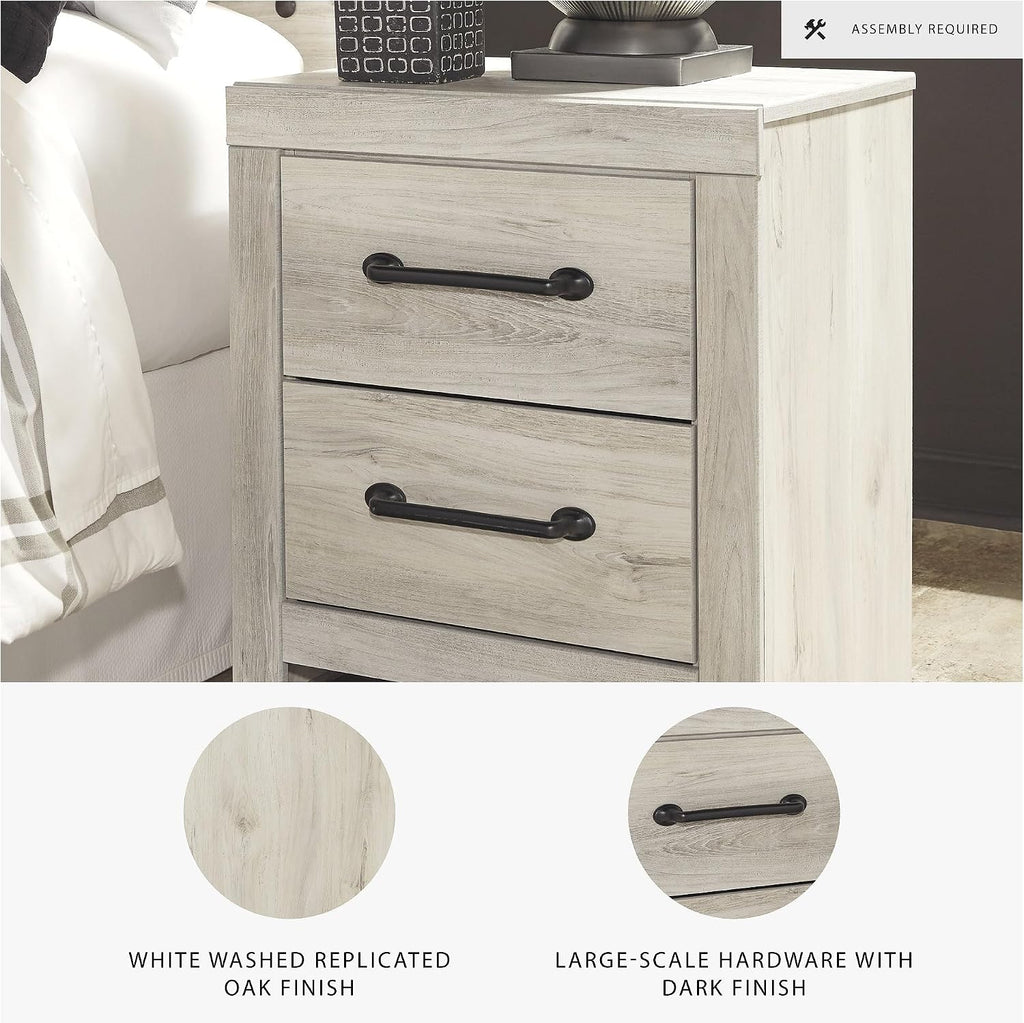 Signature Design by Ashley Cambeck Farmhouse Industrial 2 Drawer Two Drawer Nightstand with 2 Slim-Profile USB Charging Stations, 24.37' Tall, Whitewash