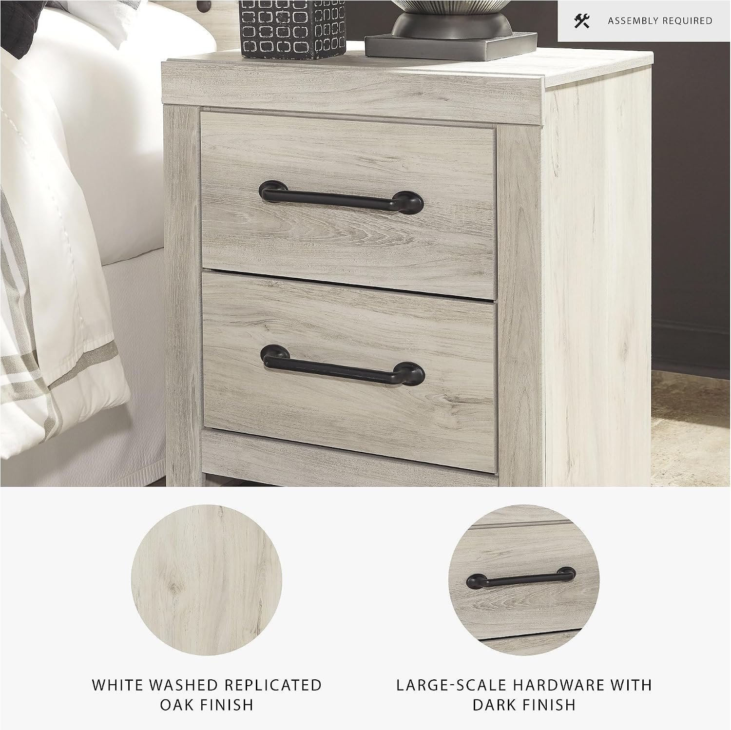 Signature Design by Ashley Cambeck Farmhouse Industrial 2 Drawer Two Drawer Nightstand with 2 Slim-Profile USB Charging Stations, 24.37' Tall, Whitewash