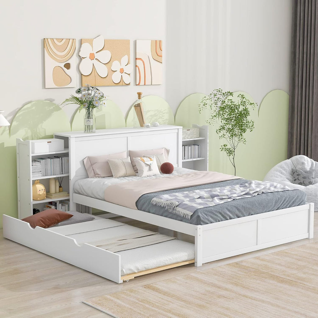 SOFTSEA Queen Bed Frame with Trundle Wood Platform Bed Frame with Pull Out Shevles for Bedroom