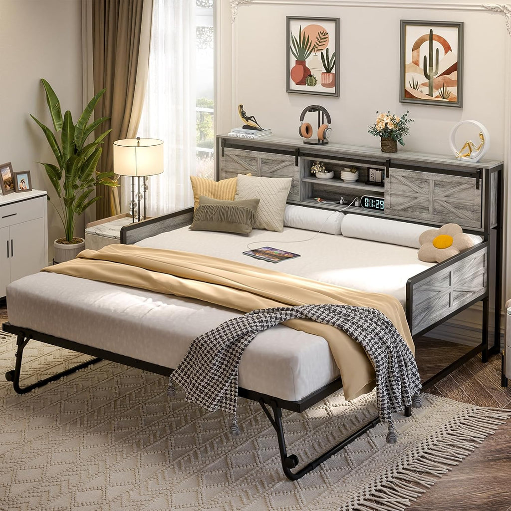 Homieasy Farmhouse Twin Daybed with Pop-Up Trundle, Metal Trundle Bed Frame with Bookcase Headboard, Charging Station & Barn Door Storage for Bedroom & Guest Room, Light Oak